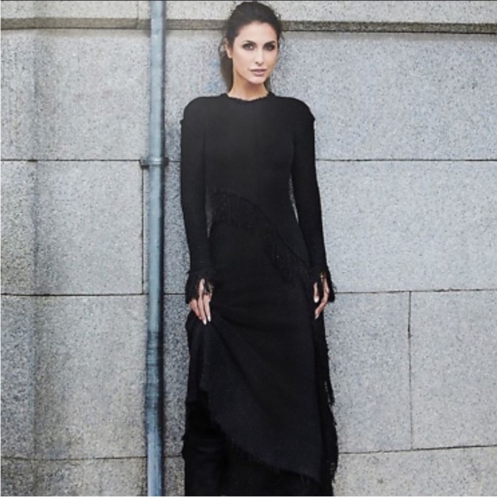 ZARA Studio Long Shimmery Black Knit Dress with Metallic Sliver accents.